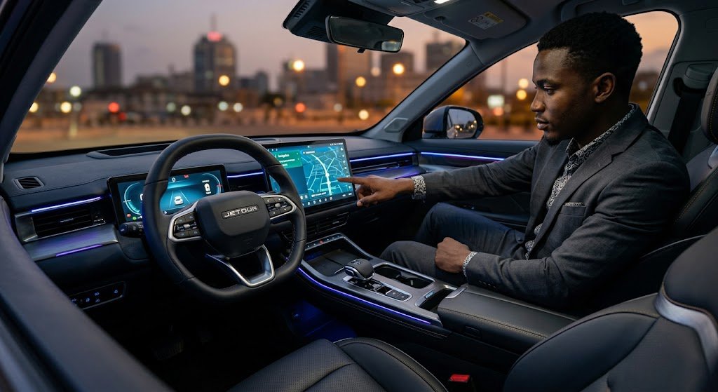 An interior photograph of a modern Jetour Dashing SUV cockpit. A stylish young African male entrepreneur in a suit is touching the massive 15.6-inch glowing central infotainment touchscreen, which is active with a navigation map. The dashboard features a second digital instrument cluster and vibrant blue ambient LED lighting. The scene is shot from a passenger perspective in a blurred, urban Lagos cityscape at dusk, matching the atmosphere of image_0.png. High-tech luxury feel with sharp focus and shallow depth of field.