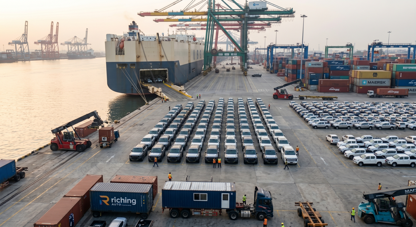 A wide-angle industrial photograph of a massive international shipping port at dawn, similar in setting to the Lagos or Dubai context established in image_0.png and image_2.png. A massive Ro-Ro cargo ship has its ramp down, actively unloading hundreds of new metallic grey and white Jetour T2 and X70 Plus SUVs (similar to those in image_0.png and image_4.png). Multiple massive container cranes tower above stacks of containers and a vast grid of vehicles. Dockworkers in high-visibility vests guide the cars onto the concrete dock. The scale emphasizes global commerce and vehicle supply chain.