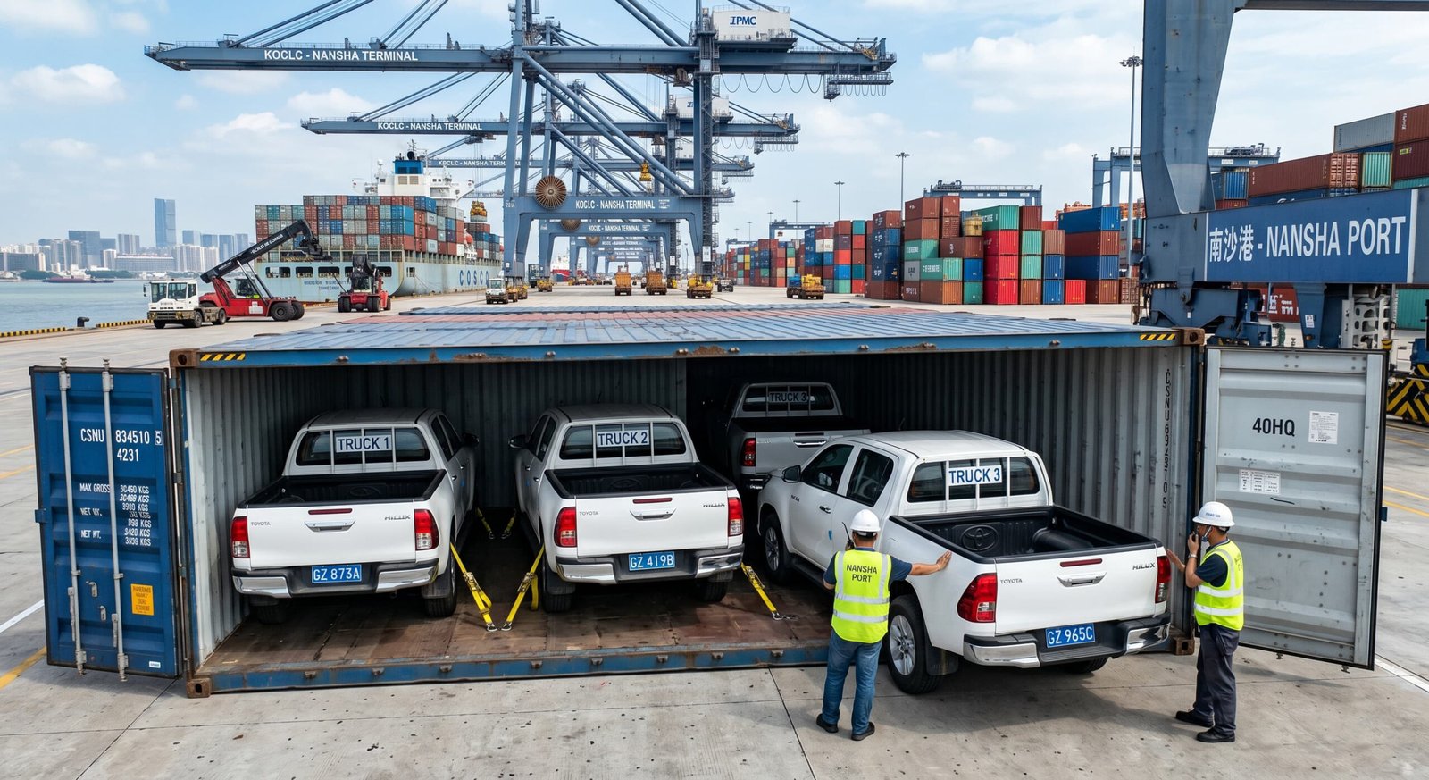 A 40HQ container being loaded with 3 pickup trucks at Nansha Port, demonstrating space efficiency.