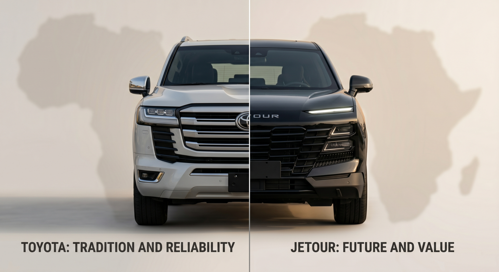 A conceptual, minimalist split-screen automotive photograph, designed for a marketing comparison. The left side features a rugged Toyota Land Cruiser J300 front grille (similar to image_0.png) with the text "TOYOTA: TRADITION AND RELIABILITY". The right side features a sleek Jetour Dashing SUV front (matching image_2.png) with the text "JETOUR: FUTURE AND VALUE". Both vehicles share the same Lagos sunset golden hour lighting (image_0.png, image_2.png, image_4.png, image_6.png) with a faint, blurred outline of the African continent behind. The vertical dividing line is sharp, emphasizing a choice. Eye-level perspective with shallow depth of field.