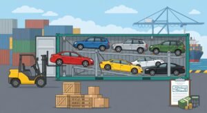 A detailed isometric illustration showing the efficient process of loading two SUVs and two Sedans into a single blue shipping container to maximize space. On the left side, two rows of white and green bar charts and graphs visualizing profit calculations and optimized load plans. The entire scene is set in a modern shipyard with port cranes and cargo stacks under a blue sky, rendered in a clean, professional vector art style.