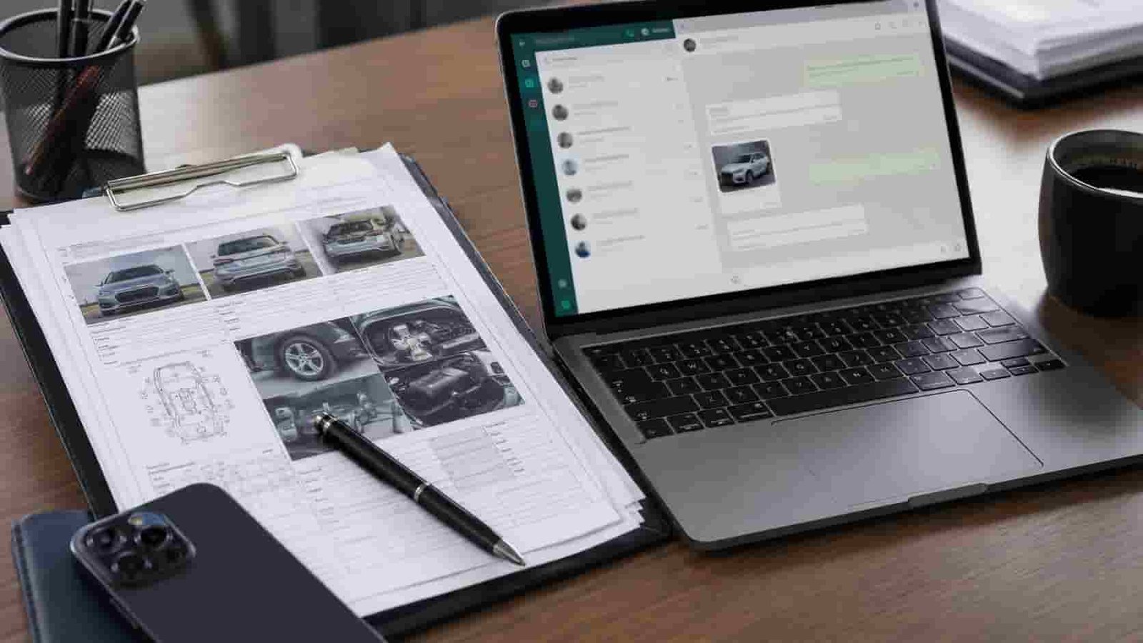 Car dealer reviewing pre-shipment inspection photos and documents from Chinese supplier