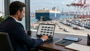 Overseas car dealer reviewing ready stock vehicle list from Chinese exporter at Nansha Port