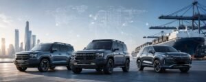 Jetour SUVs displayed at an international port with a global map background, representing SUV export opportunities for overseas dealers.