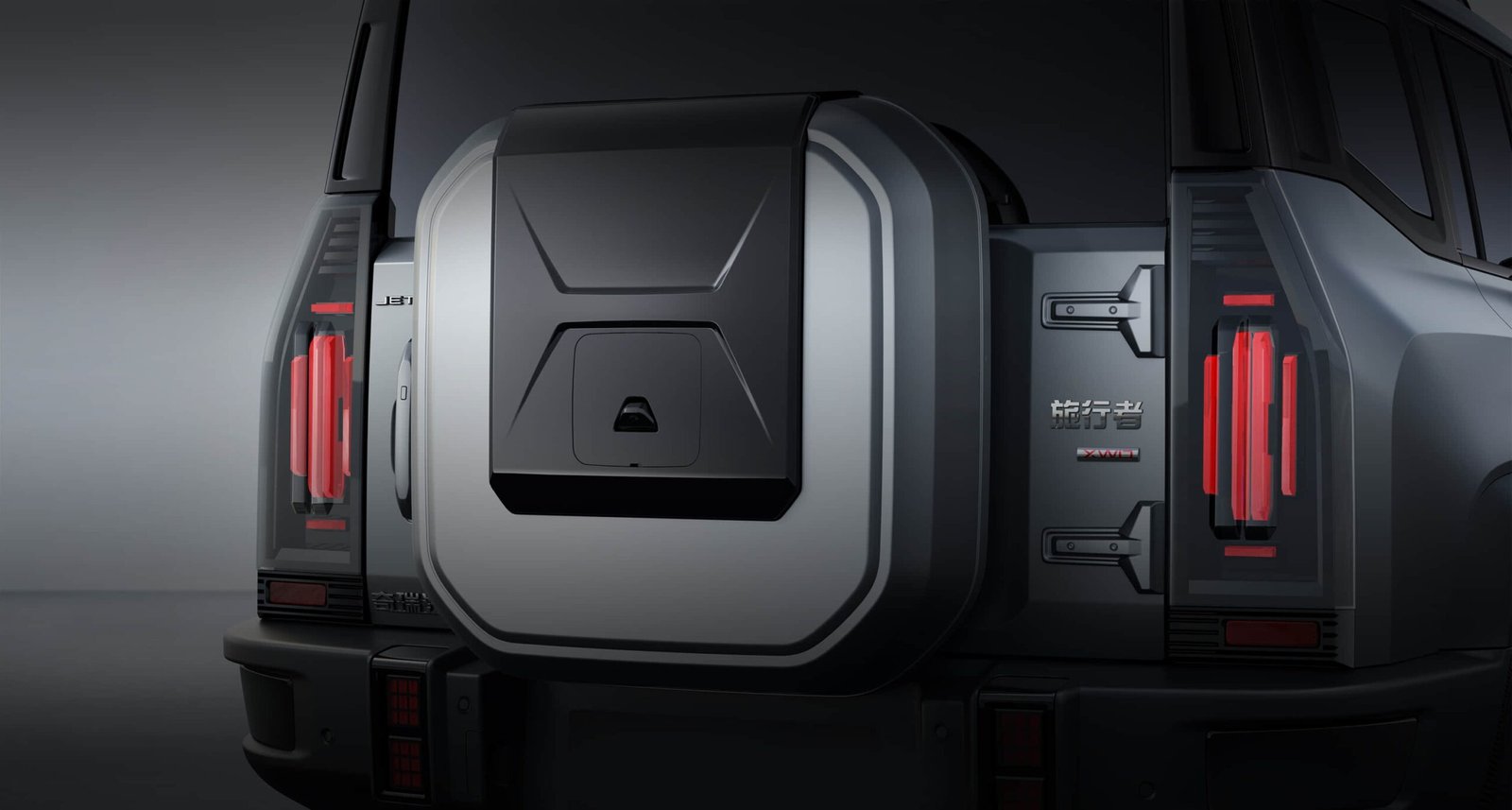 Close-up of Jetour Traveler rear design featuring external spare tire cover, vertical LED taillights, and rugged off-road styling.