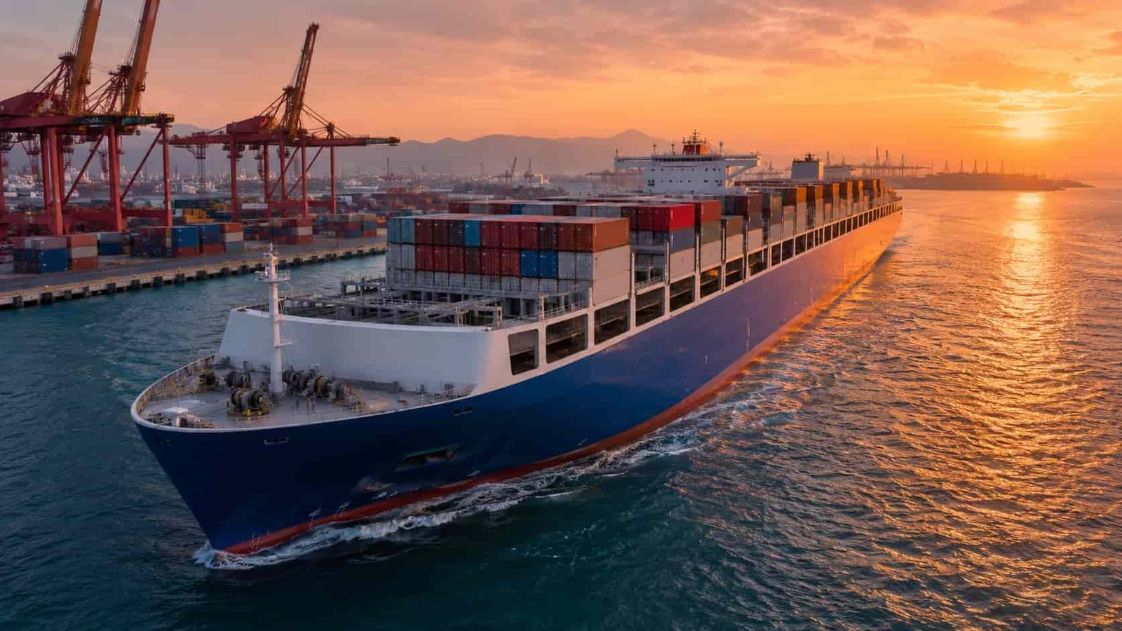 Large container ship departing a Chinese port carrying vehicles for export