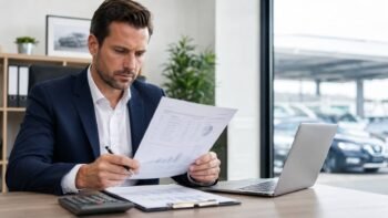 Car dealer reviewing a FOB price quote document from a Chinese vehicle exporter