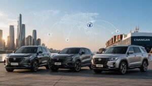 Three Changan SUVs displayed near an international shipping port, representing Changan’s growing appeal for overseas car dealers.