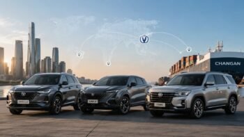 Three Changan SUVs displayed near an international shipping port, representing Changan’s growing appeal for overseas car dealers.