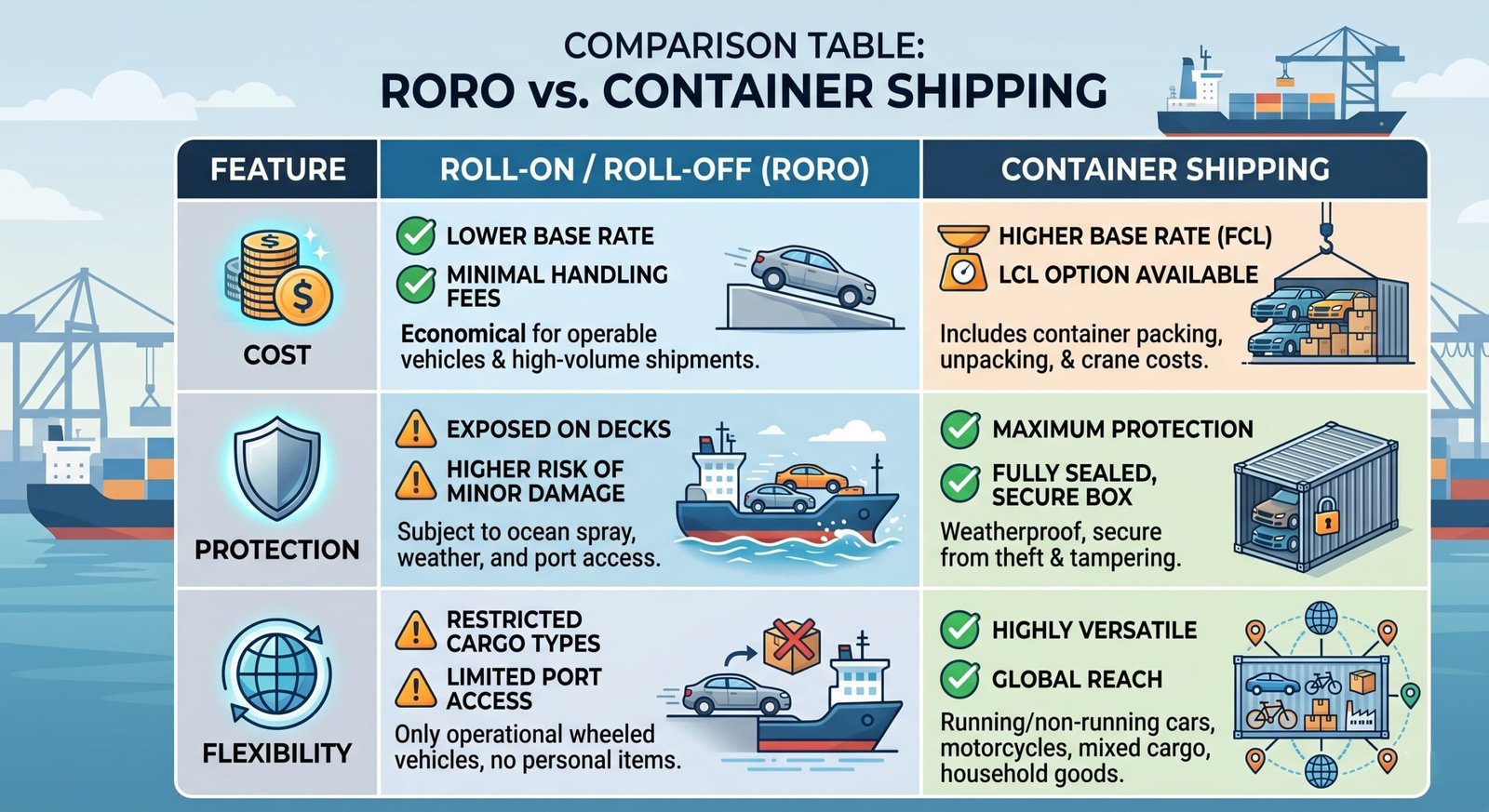 Infographic comparing Roll-on/Roll-off (RORO) and container shipping methods based on cost, protection, and flexibility.