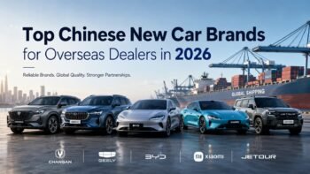 A lineup of new Chinese cars from Changan, Geely, BYD, Xiaomi, and Jetour at an international shipping port, representing top Chinese new car brands for overseas dealers in 2026.