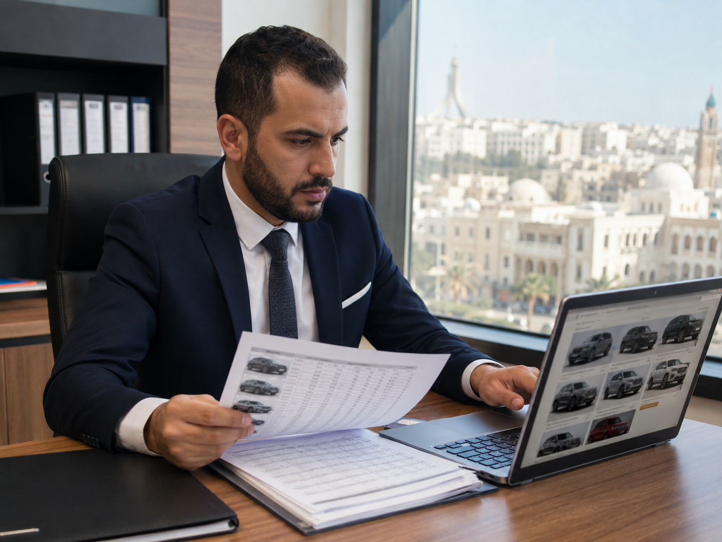 Algerian male car dealer at modern Algiers office reviewing Chinese vehicle stock list and pricing documents