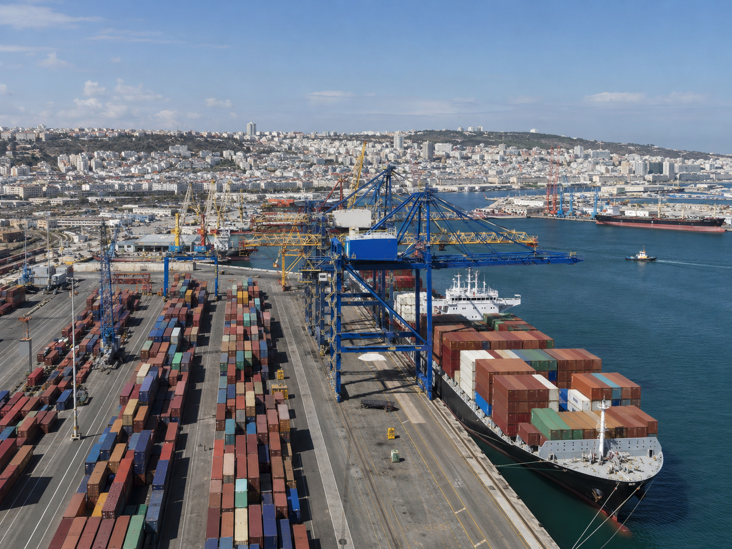 Container ships and vehicle import terminal at Algiers Port Algeria for dealers importing Chinese cars
