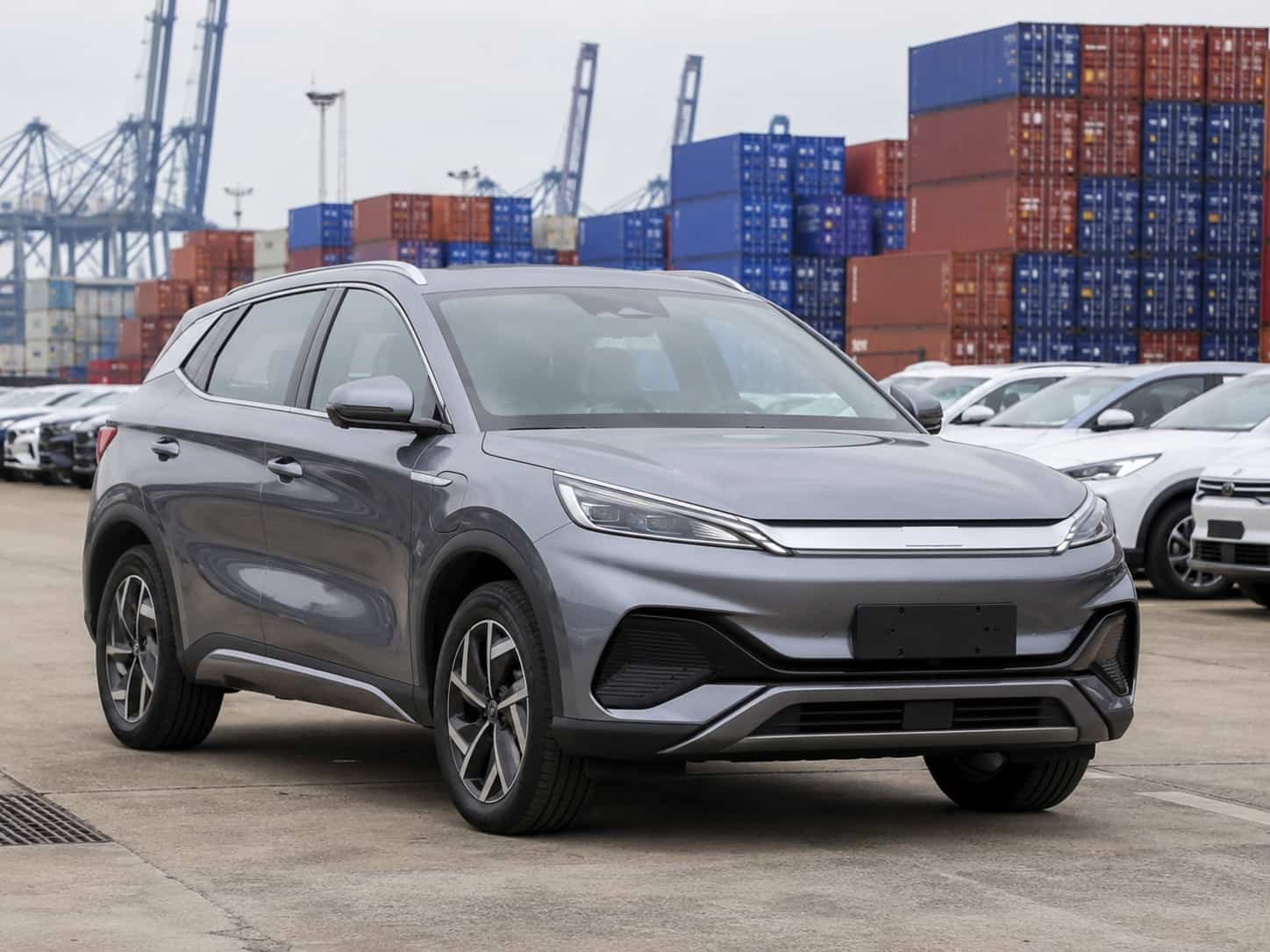 BYD Atto3 electric compact SUV parked at a Guangzhou vehicle export yard ready for container loading to Middle East