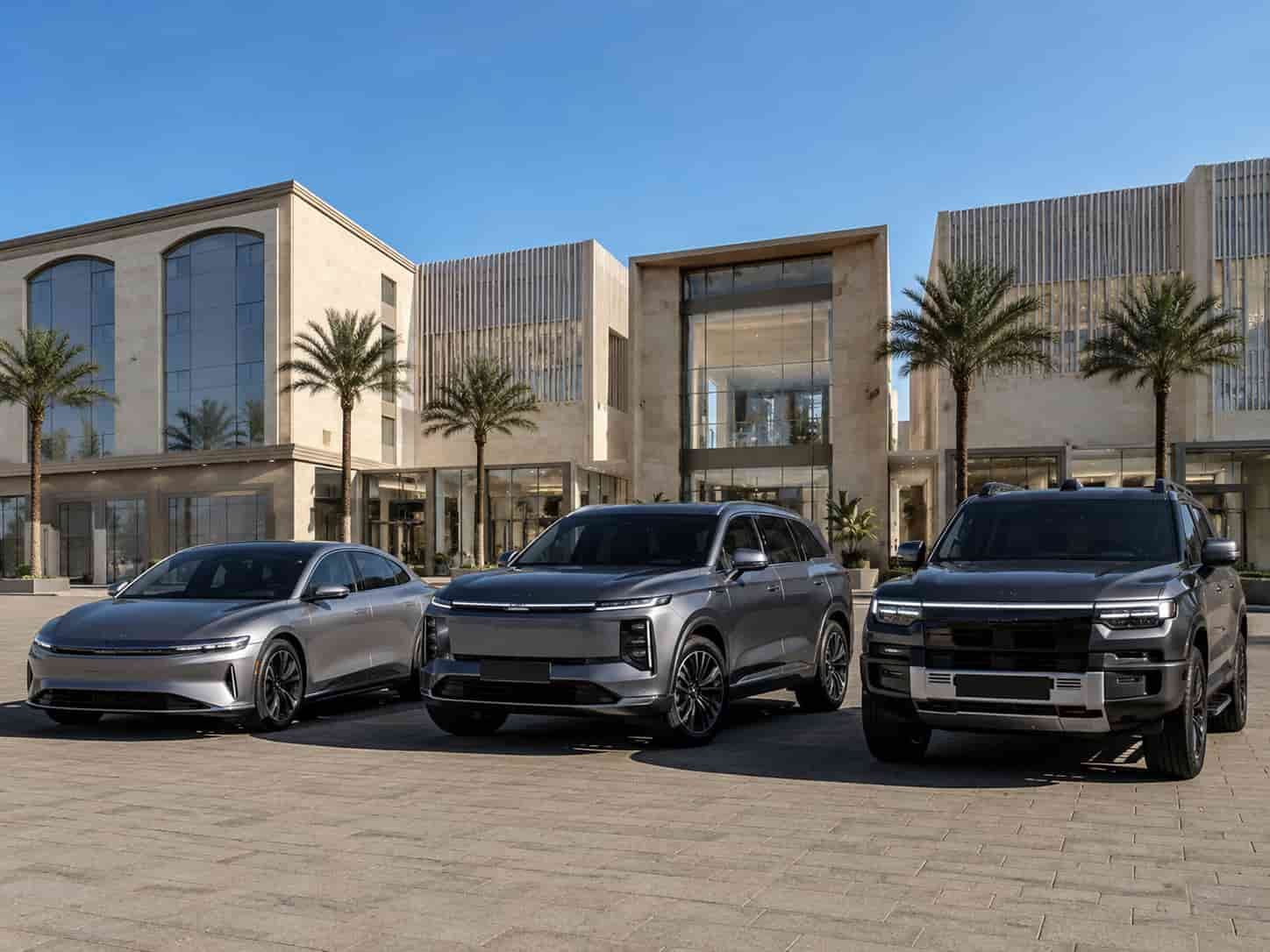 Chinese electric vehicles including BYD and ZEEKR lined up at a Saudi Arabia dealer lot after import from China