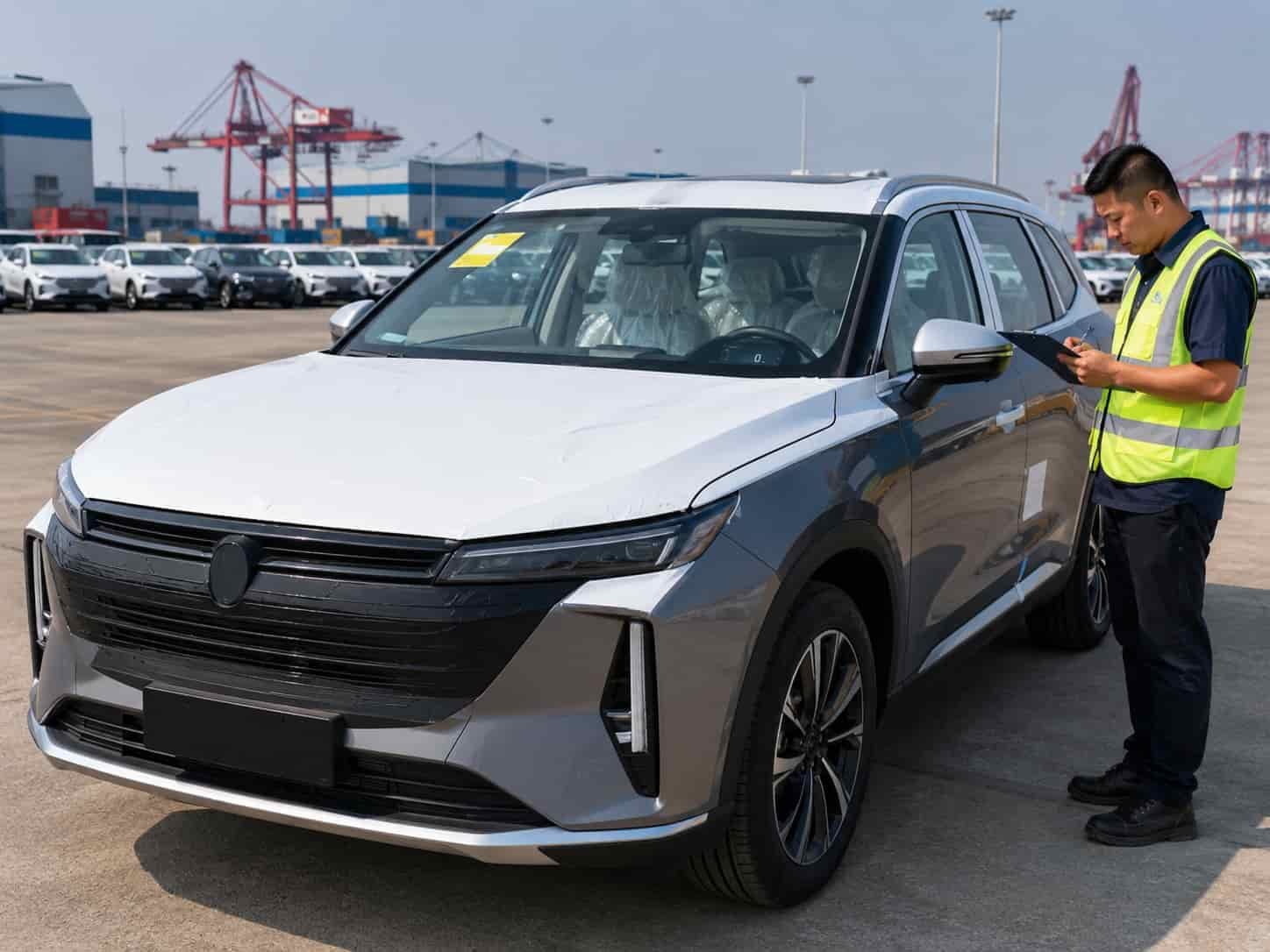 Brand new Chinese SUV being inspected at Guangzhou factory export yard with zero mileage for overseas dealer shipment