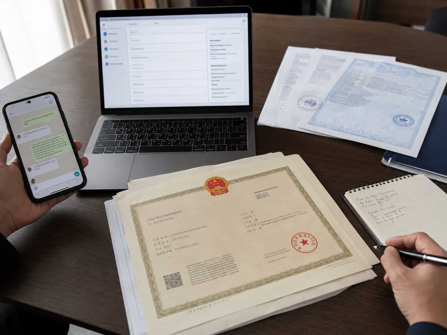 Overseas car dealer checking Chinese supplier business licence and export certification documents for verification