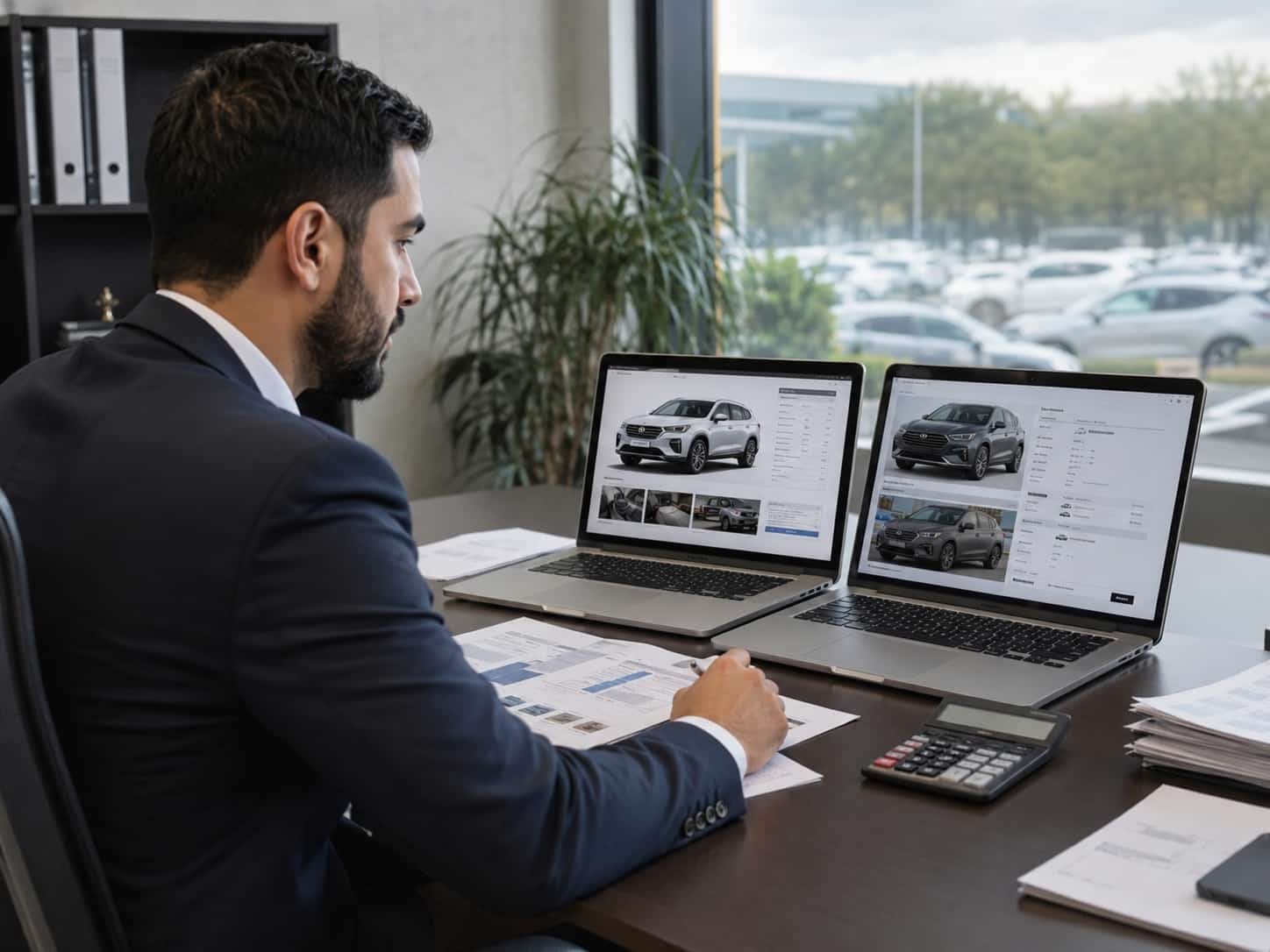 Overseas car dealer comparing specifications and prices of new and used Chinese vehicles on laptop and documents