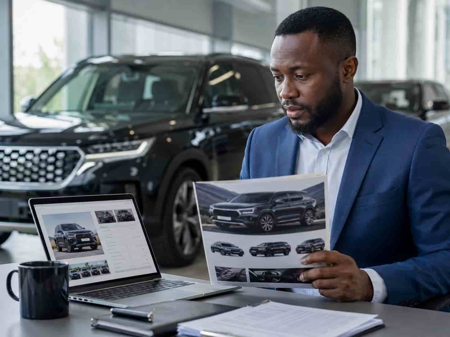 Nigerian car dealer reviewing Jetour SUV specifications and FOB pricing from Chinese exporter on laptop