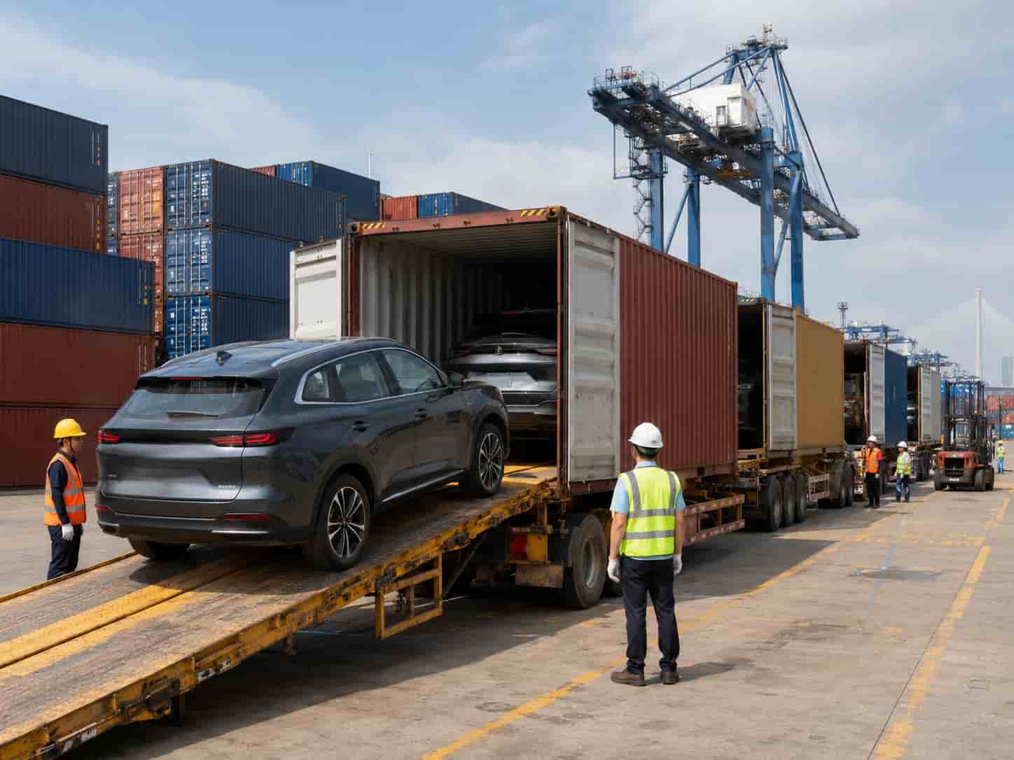 Changan SUVs being loaded into shipping containers at Nansha Port Guangzhou for export to African and Middle Eastern dealers