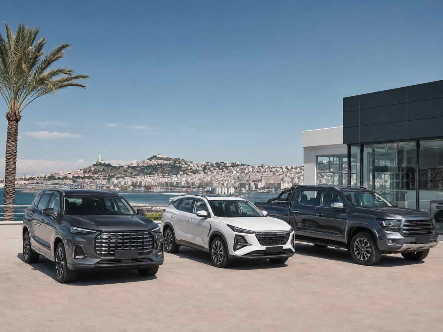Changan CS75 and Jetour X70 SUVs lined up at an Algiers Algeria dealer lot after import from China