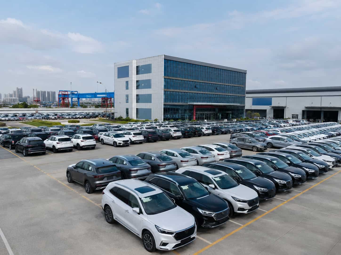 Legitimate Chinese car exporter yard in Guangzhou showing organised inventory of vehicles ready for export