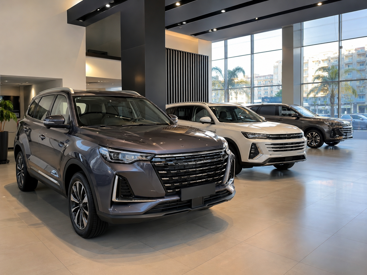 Chinese SUVs including Changan CS75 and Jetour X70 on display at an Algiers Algeria car dealer showroom