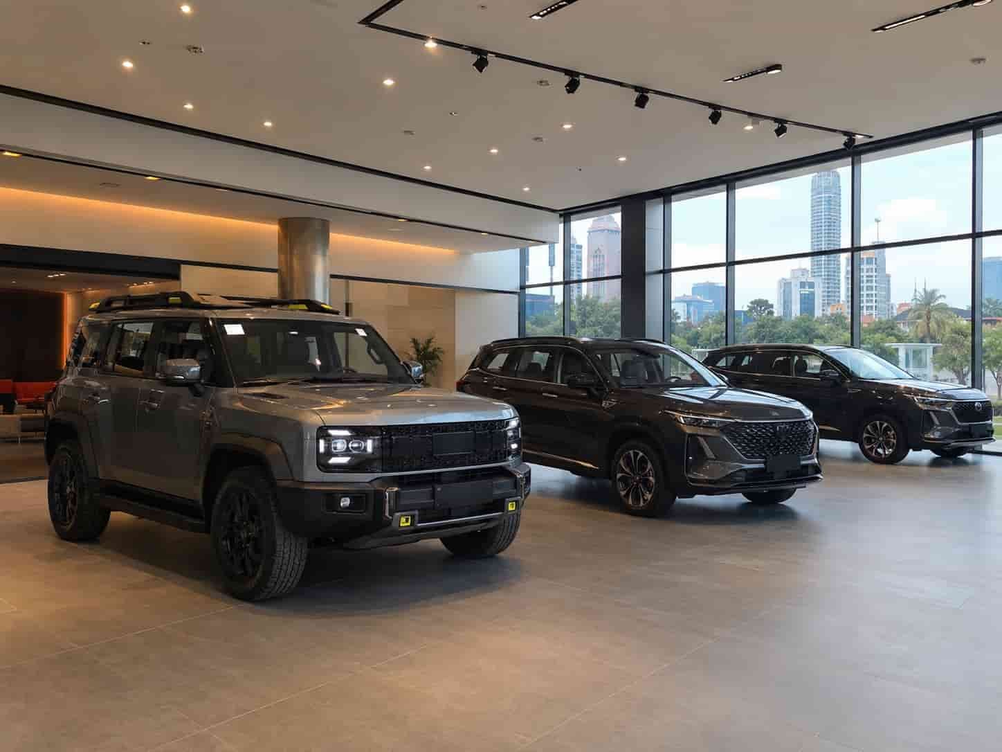  Chinese SUVs including Jetour T2 and Changan CS75 displayed at a Nairobi Kenya car dealer showroom