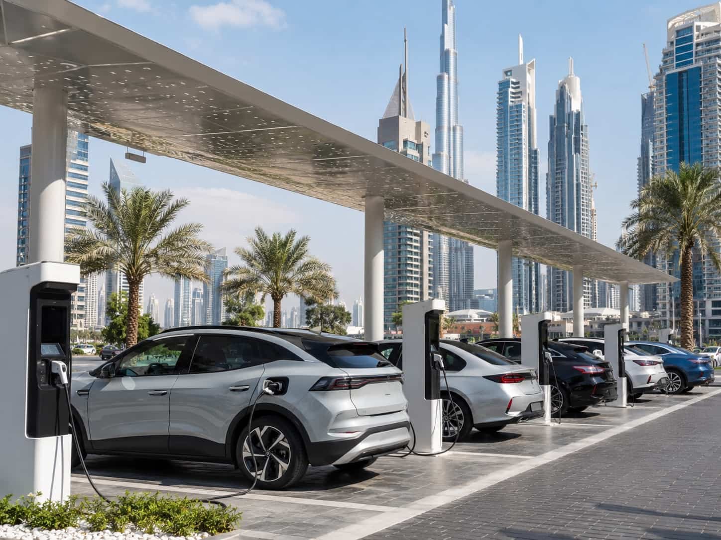 Modern EV charging station in Dubai UAE showing the growing charging infrastructure for electric vehicles in the Middle East