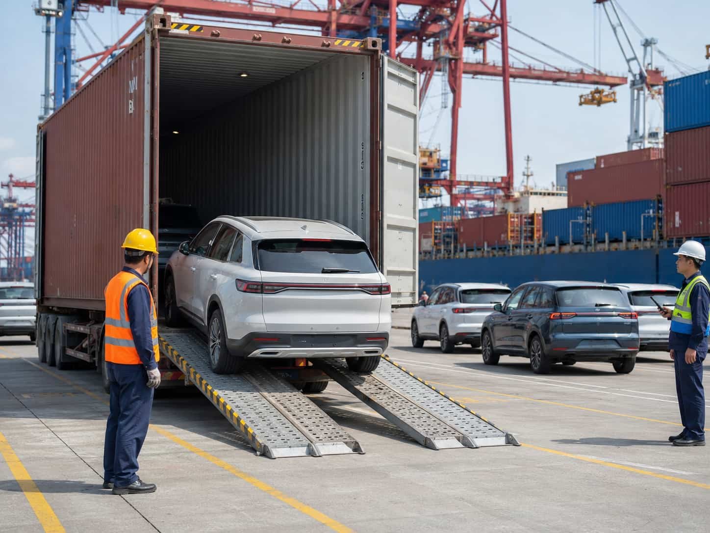 Geely SUVs being loaded into 40ft containers at Nansha Port Guangzhou for export to dealers in Africa and Middle East