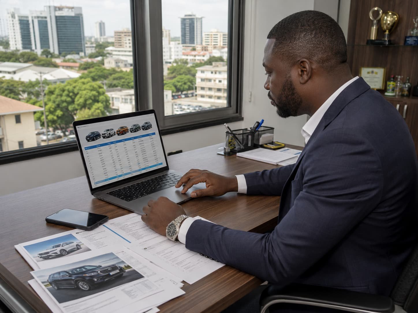 Ghanaian male car dealer reviewing Chinese vehicle stock list and FOB pricing at office desk in Accra Ghana