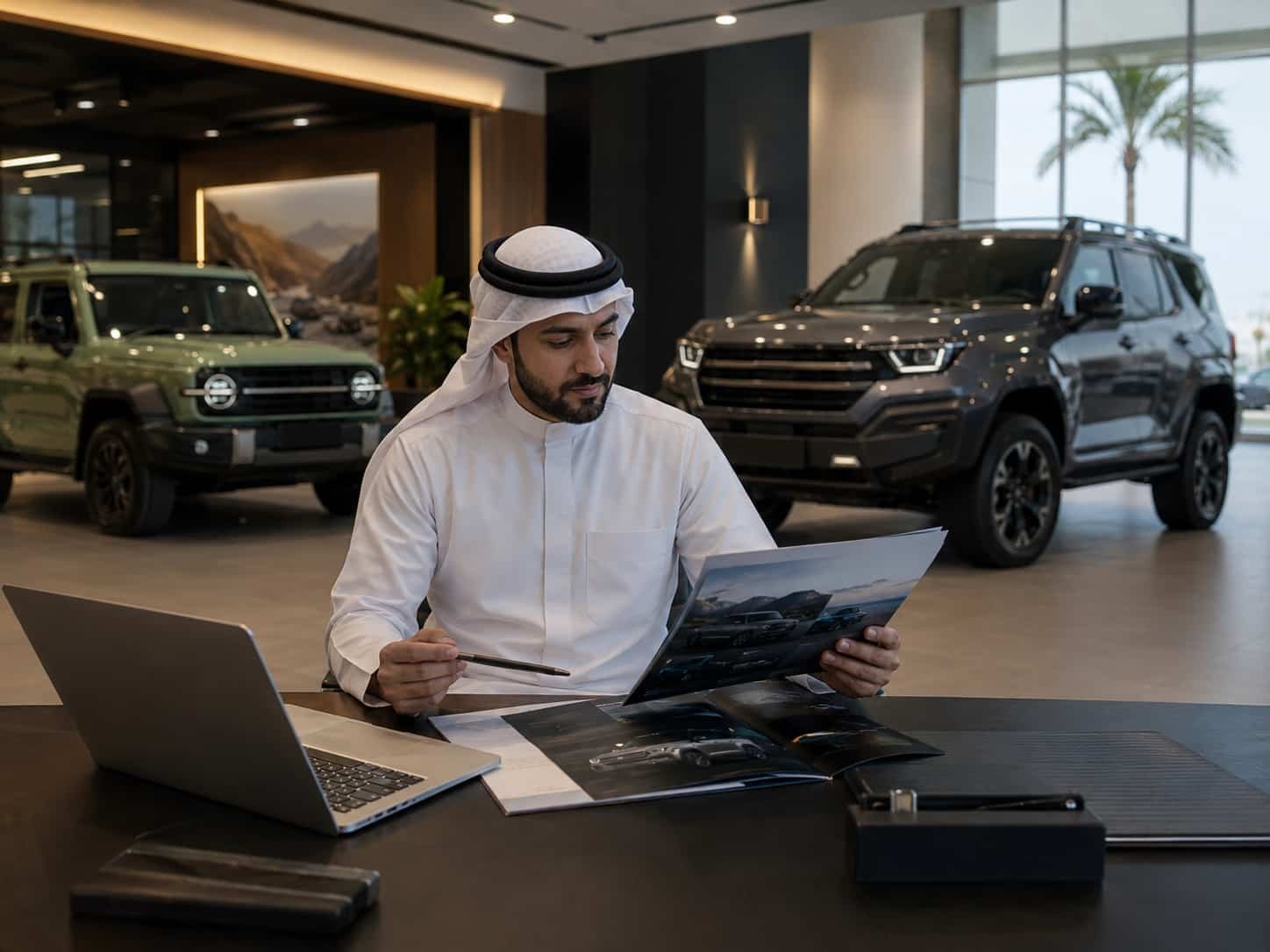 Middle Eastern car dealer reviewing Tank 300 and Tank 400 specifications and Chinese exporter FOB pricing on laptop