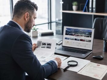 Overseas car dealer verifying documents and credentials of a Chinese car exporter before placing a vehicle order