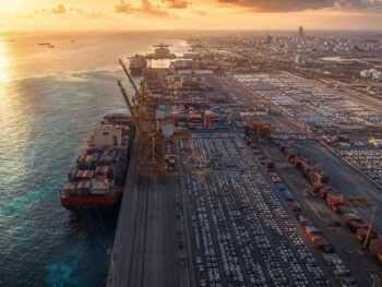 Chinese SUVs and EVs being unloaded at Jeddah Islamic Port Saudi Arabia for import by local car dealers