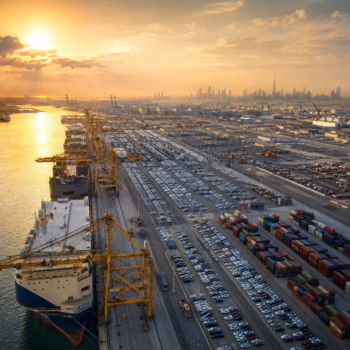 Chinese SUVs and EVs being unloaded at Jebel Ali Port Dubai UAE for import by local car dealers