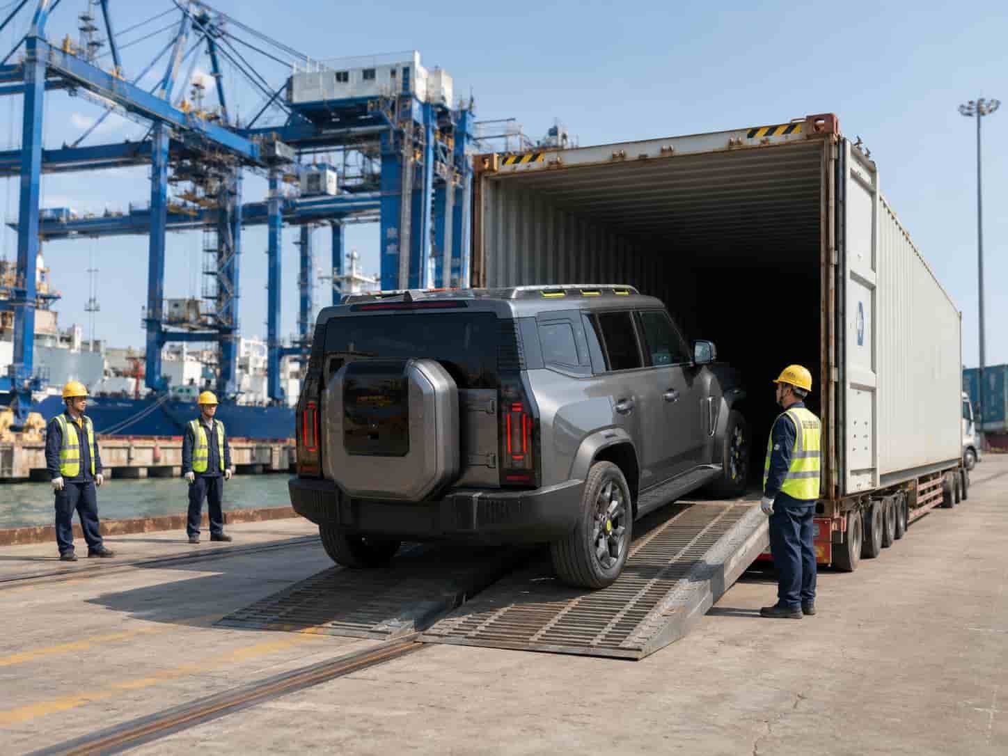 Jetour T2 SUV being loaded into a 40ft shipping container at Nansha Port Guangzhou for export to Africa