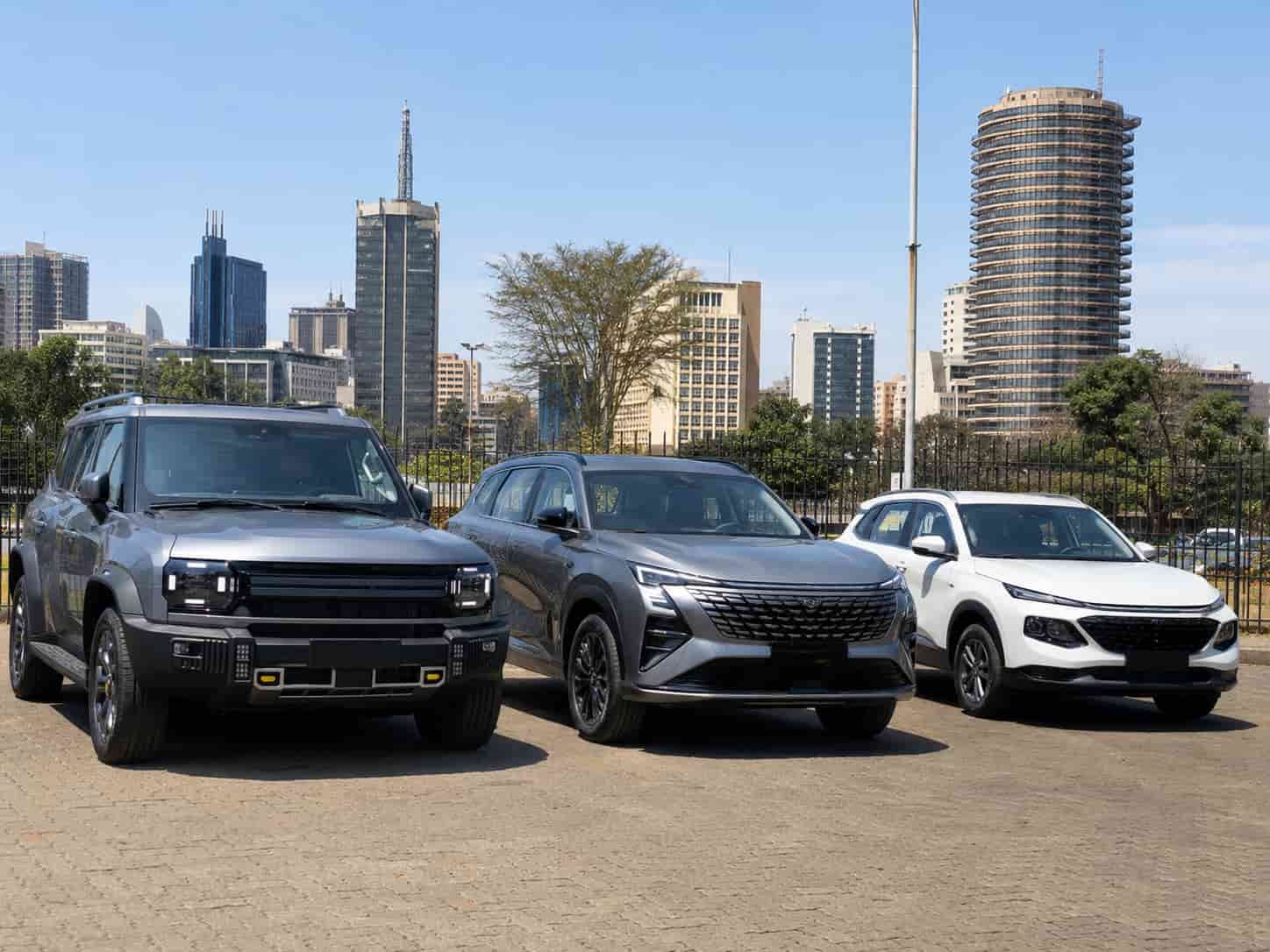 Jetour T2 and Changan SUVs lined up at a Nairobi Kenya dealer lot after import from China via Mombasa Port