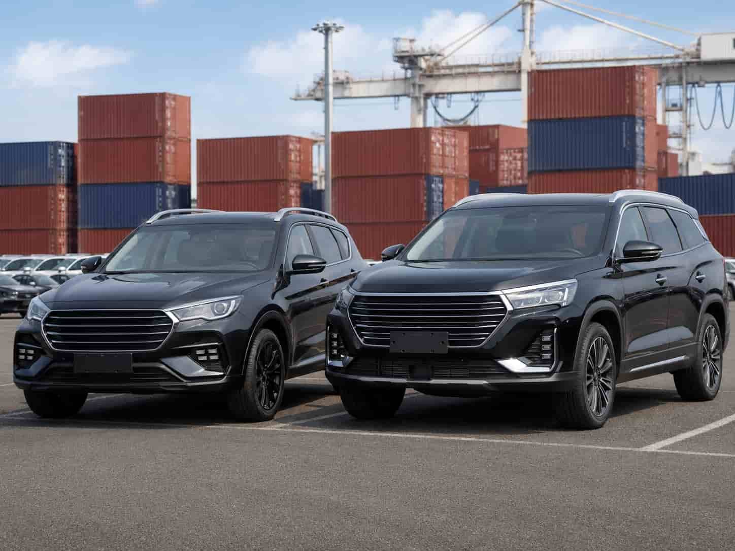 Jetour X70 and X90 SUVs parked at a Guangzhou export yard ready for container loading to the Middle East