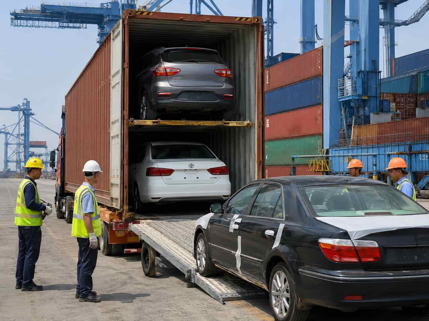 Mixed container load of new and used Chinese SUVs being loaded at Nansha Port Guangzhou for export to overseas dealers