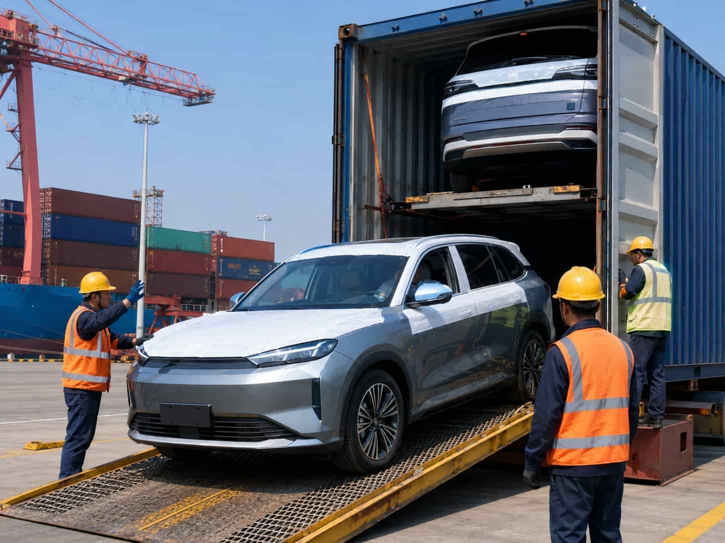 Brand new Chinese SUVs being carefully loaded into 40ft container at Nansha Port for export to overseas first-owner buyers