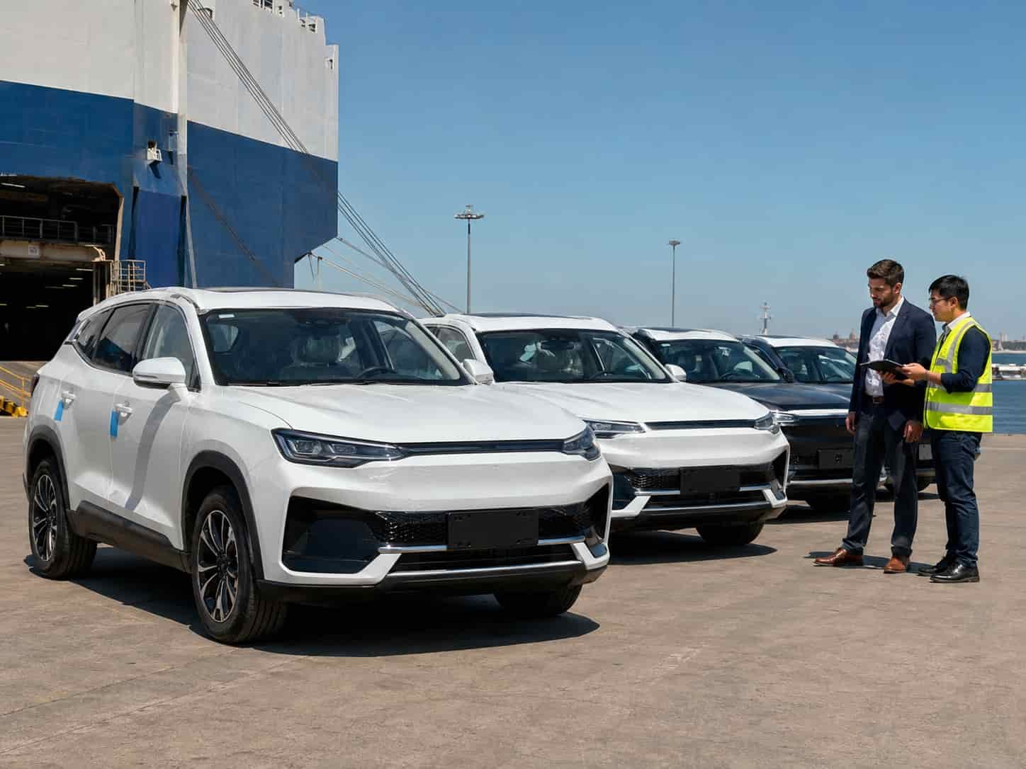  Overseas car dealer receiving first delivery of brand new Chinese SUVs from China at their dealership lot