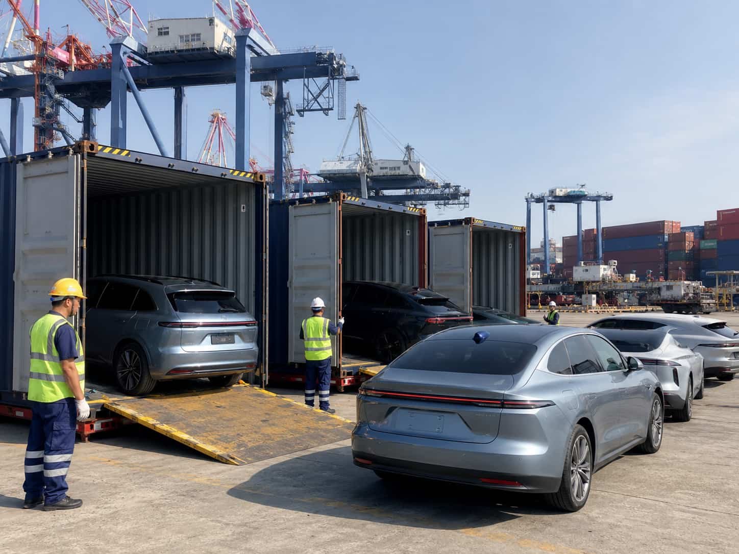 Premium Chinese electric vehicles being loaded into 40ft containers at Nansha Port Guangzhou for export to overseas dealers