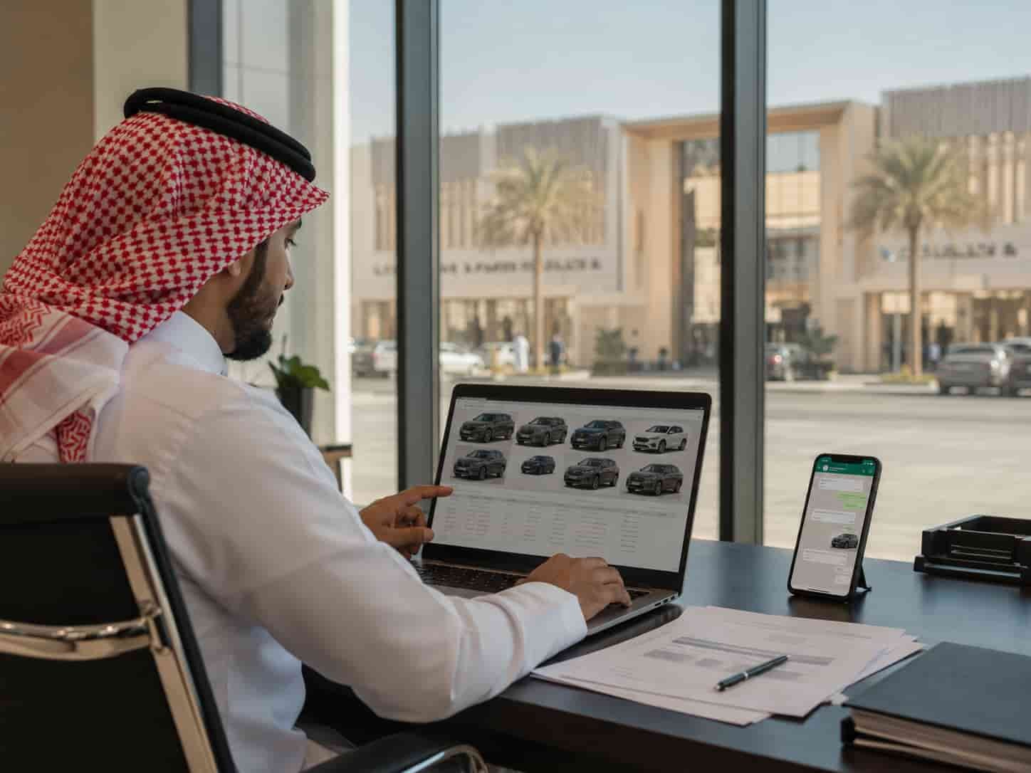 Saudi Arabian male car dealer reviewing Chinese vehicle stock list and FOB pricing from Chinese exporter