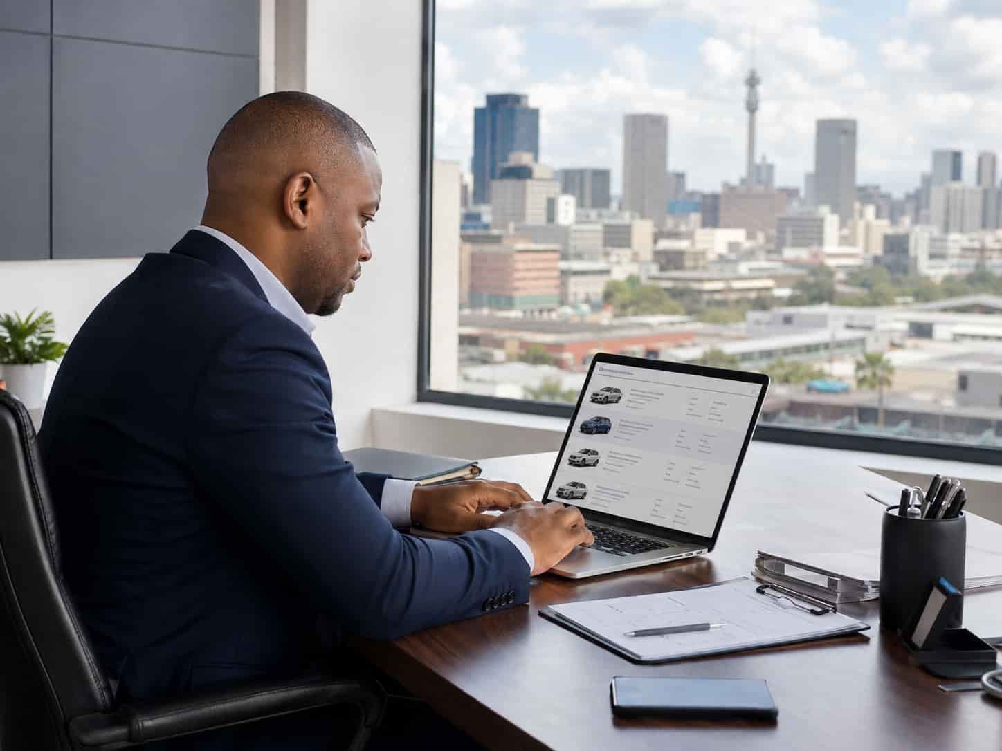 South African car dealer reviewing Chinese vehicle stock list and EV pricing from Chinese exporter in Johannesburg office