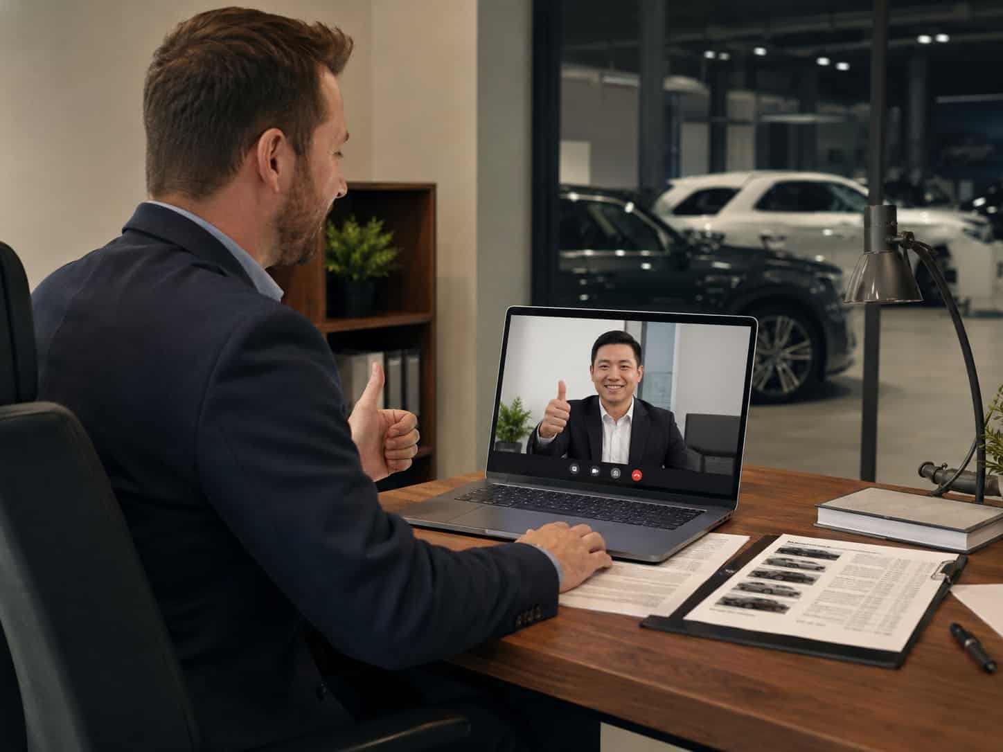 Overseas car dealer in video call with Chinese car exporter discussing vehicle order and export process
