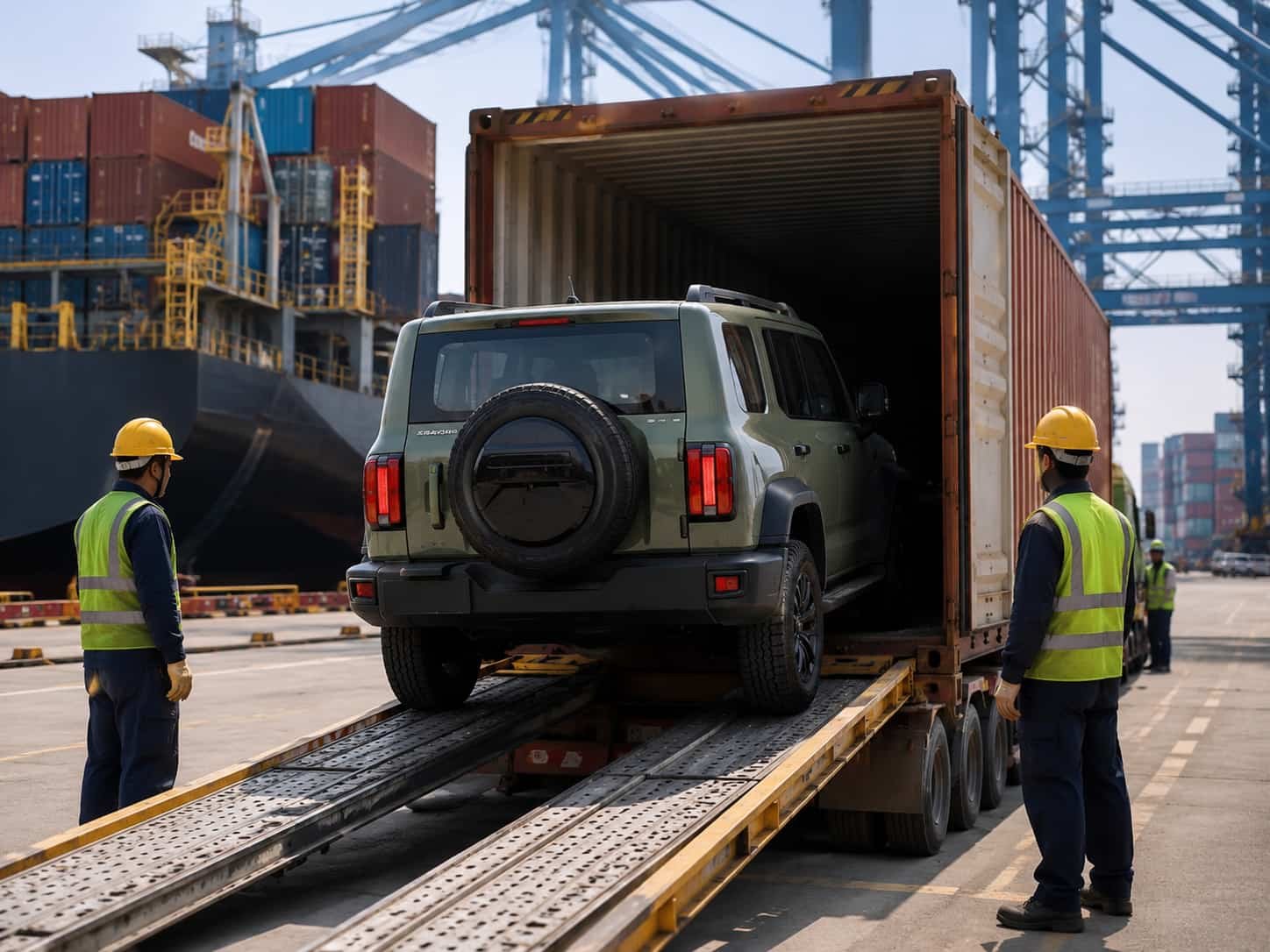 Tank 300 off-road SUV being loaded into a 40ft HC container at Nansha Port for export to Africa and Middle East dealers