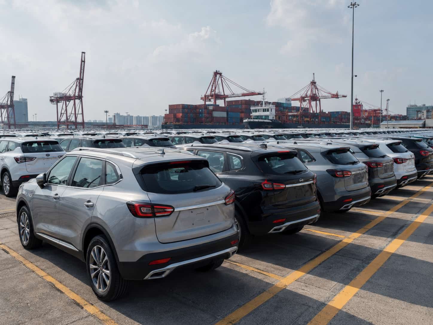 Quality 2-3 year old used Chinese SUVs at a Guangzhou export yard ready for container loading to overseas markets