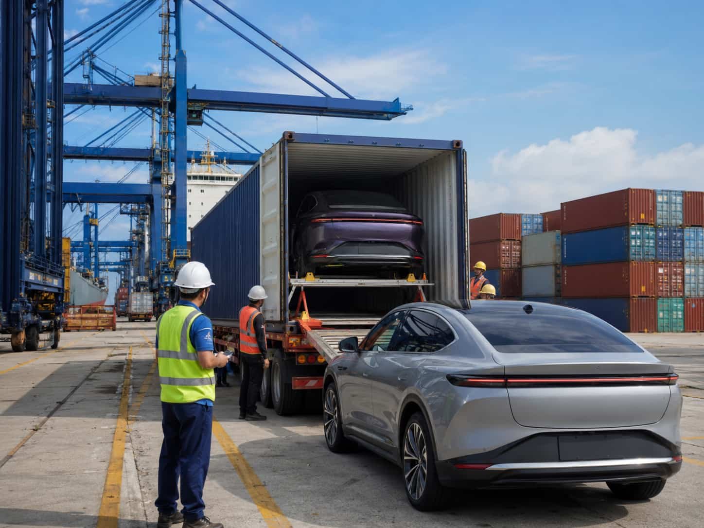 ZEEKR premium electric vehicles being loaded into 40ft containers at Nansha Port Guangzhou for export to overseas dealers