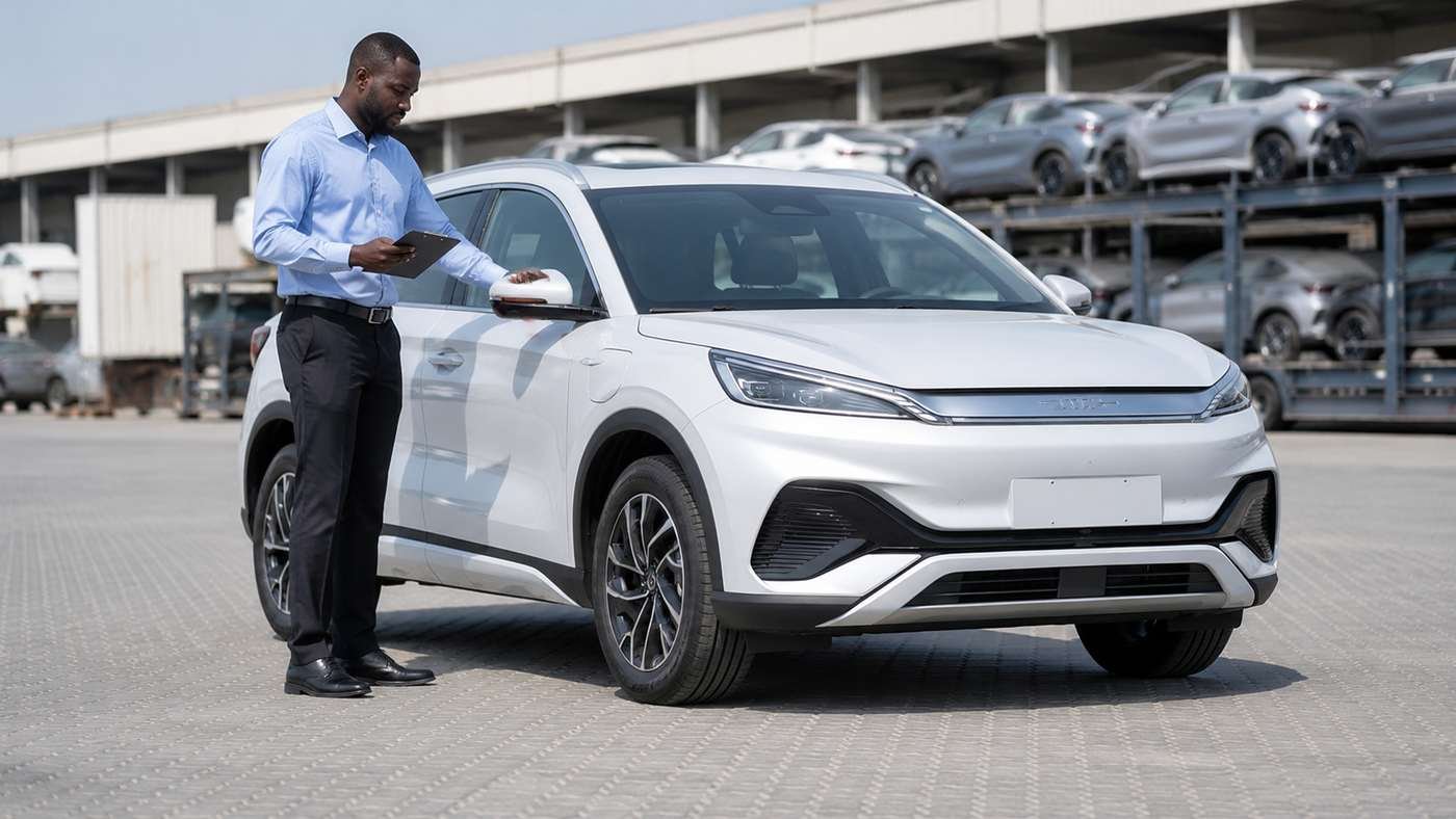 African car dealer inspecting a BYD Atto3 SUV at a Dubai re-export warehouse before purchasing for shipment to Africa