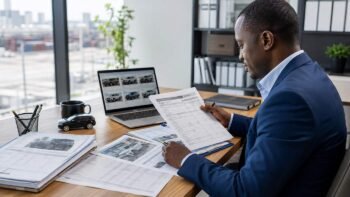 New car dealer reviewing Chinese vehicle import documents and container shipping paperwork at office desk